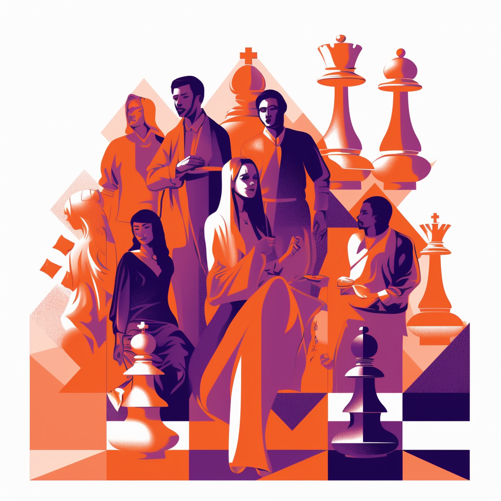 Abstract art of a varied group of people learning chess