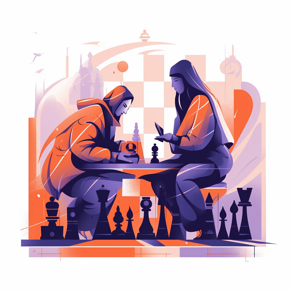 Two women sat down studying chess surrounded by abstract art chess pieces