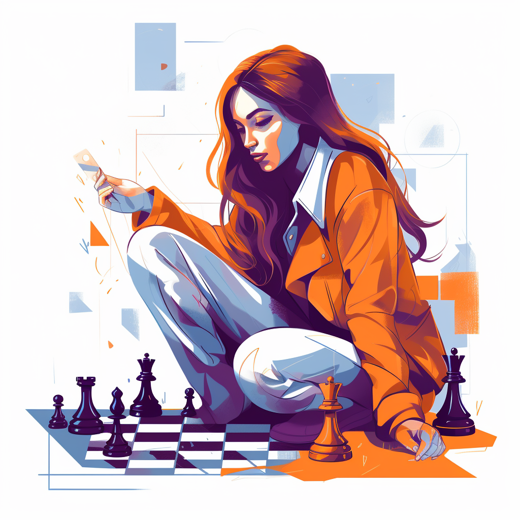 A woman studying chess positions